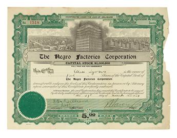 GARVEY, MARCUS. 5 stock certificates for shares in several of Marcus Garveys businesses.